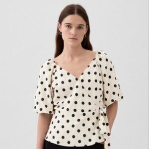 GAP Linen Blend Wrap Puff Sleeve Blouse Black Dot